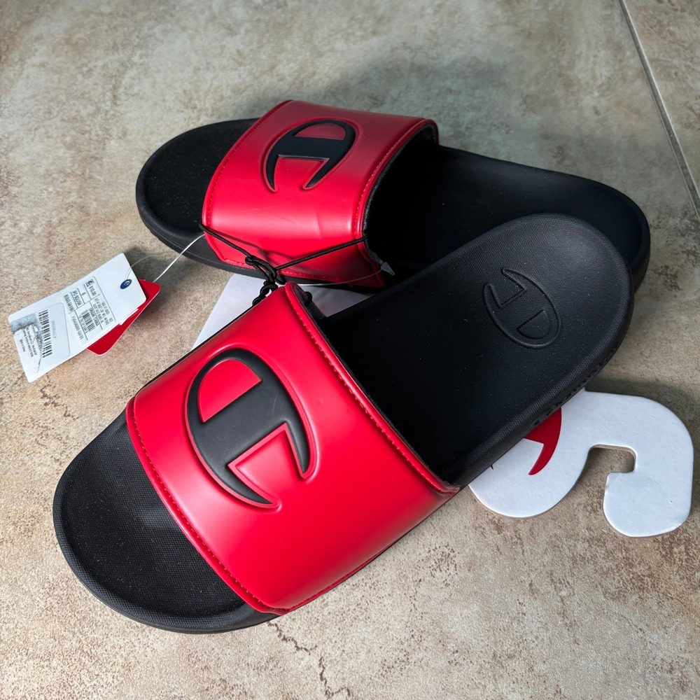 Champion IPO Slides Red Black Big C Logo Athletic Sandals Men Youth Size 6
